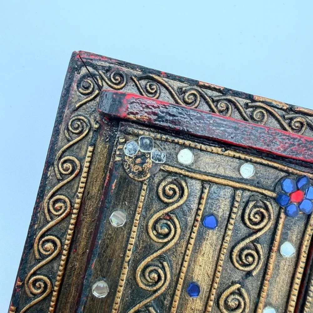 Vintage Indian Hand-Carved Wooden Shutter Mirror with Inlay